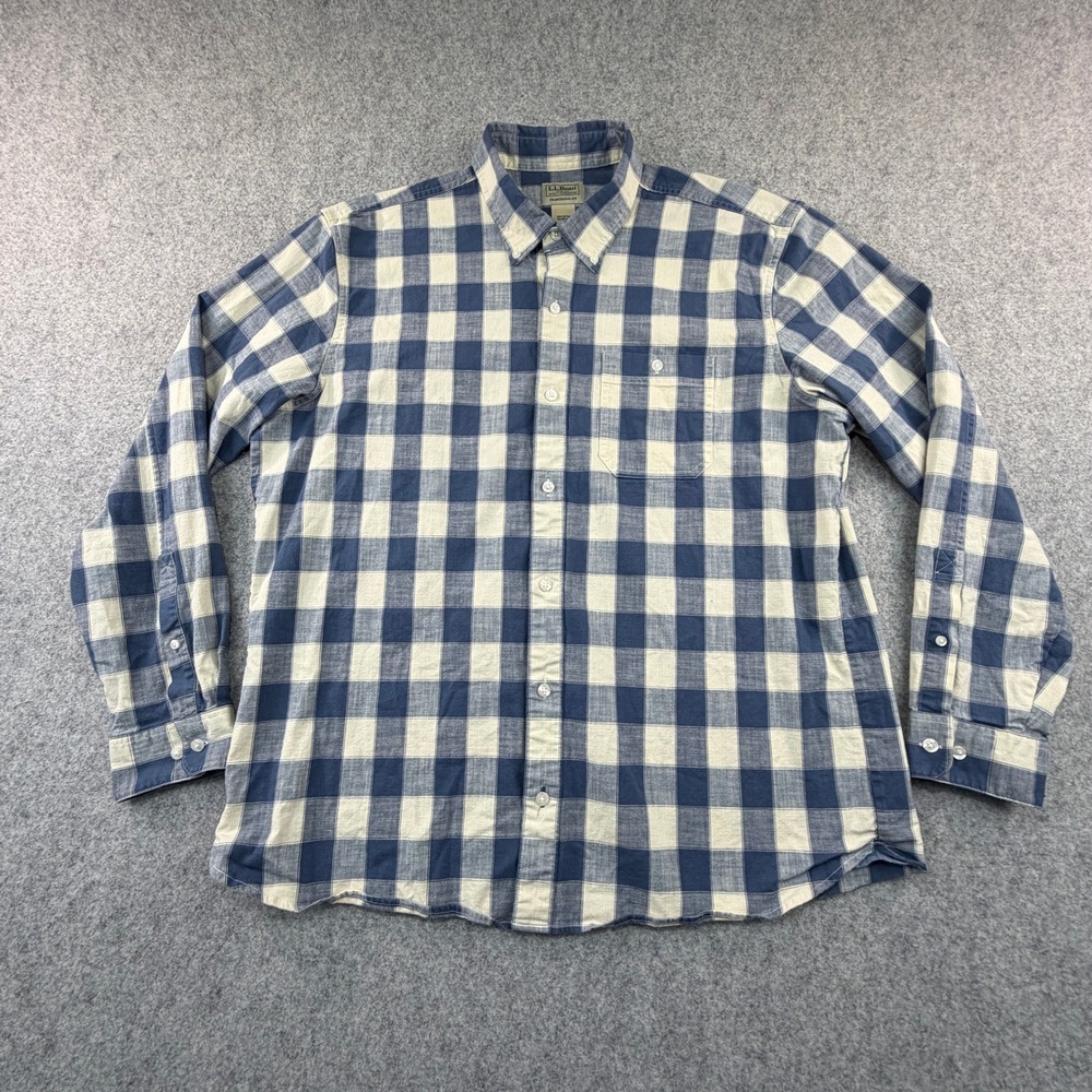 LL Bean Mens Blue White Buffalo Check Plaid Button Down Shirt L Traditional Fit